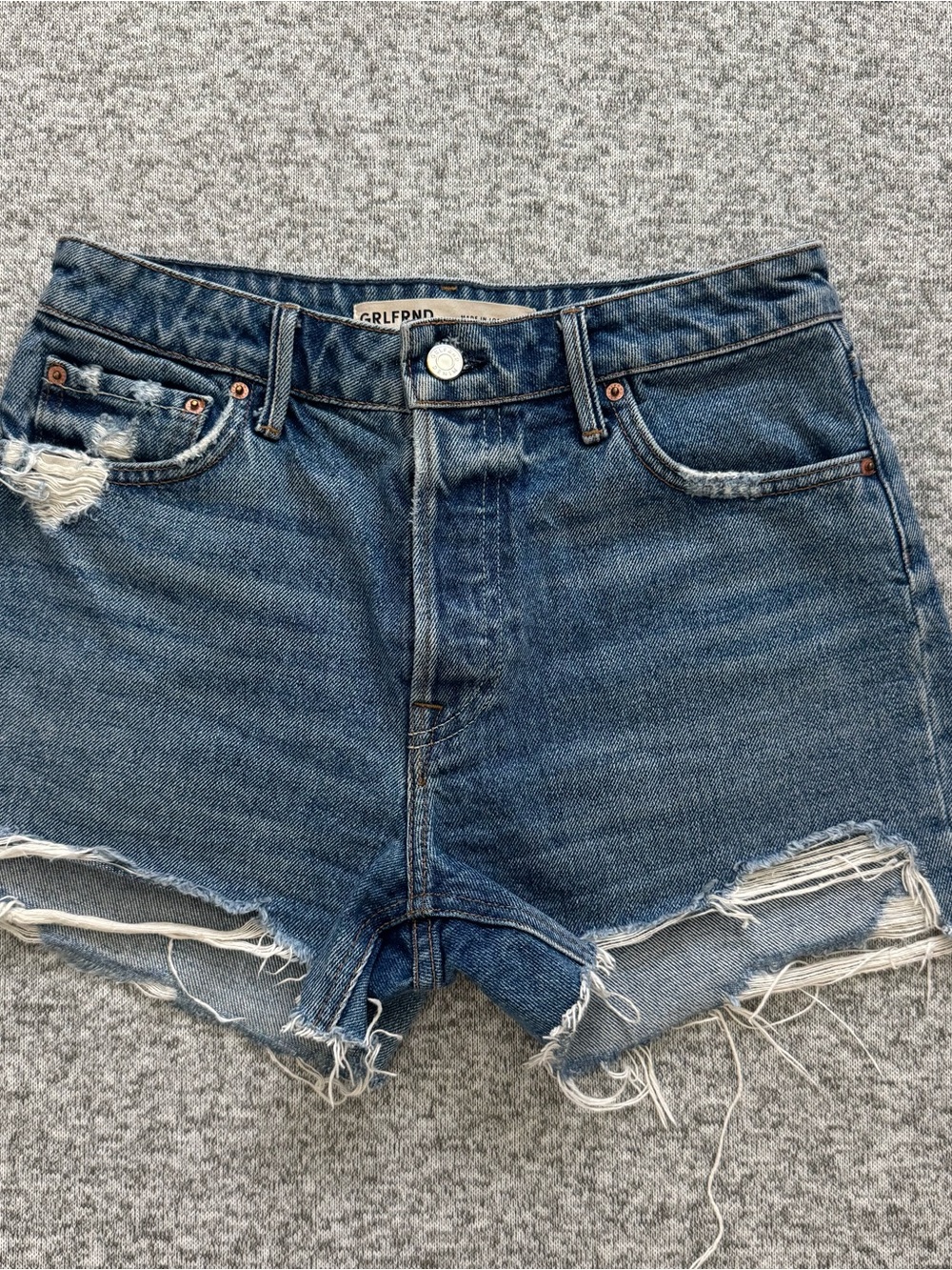 GRLFRND Raw-Hem Distressed Blue Denim Shorts